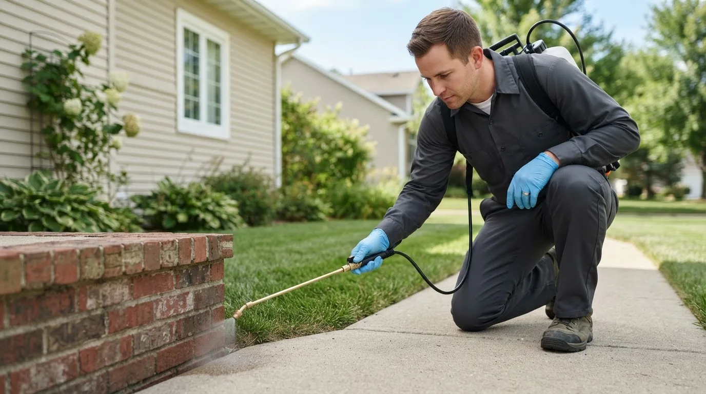Pest control technician treating a home near Hale Center, TX